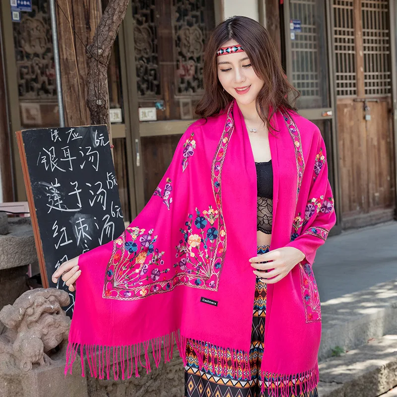 hot pink Негабаритный зимний теплый однотонный шарф для женщин/леди мягкие кашемировые шали цветок вышивка кашемировые женские накидки - Цвет: hot pink