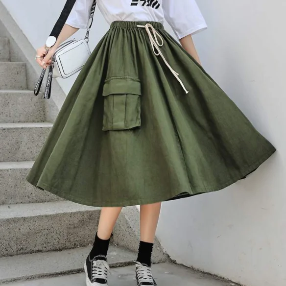 Plus Size Summer Women's Solid Loose Skirt Pockets Lace Up Bow High Elastic Waist Mid Calf Style Bottom AQ294