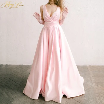 

Berylove Sexy Evening Dress Pink Elegant Satin Evening Gown Ruched Tank Long Formal Bow Knot Back Long Tail Prom Party Dress