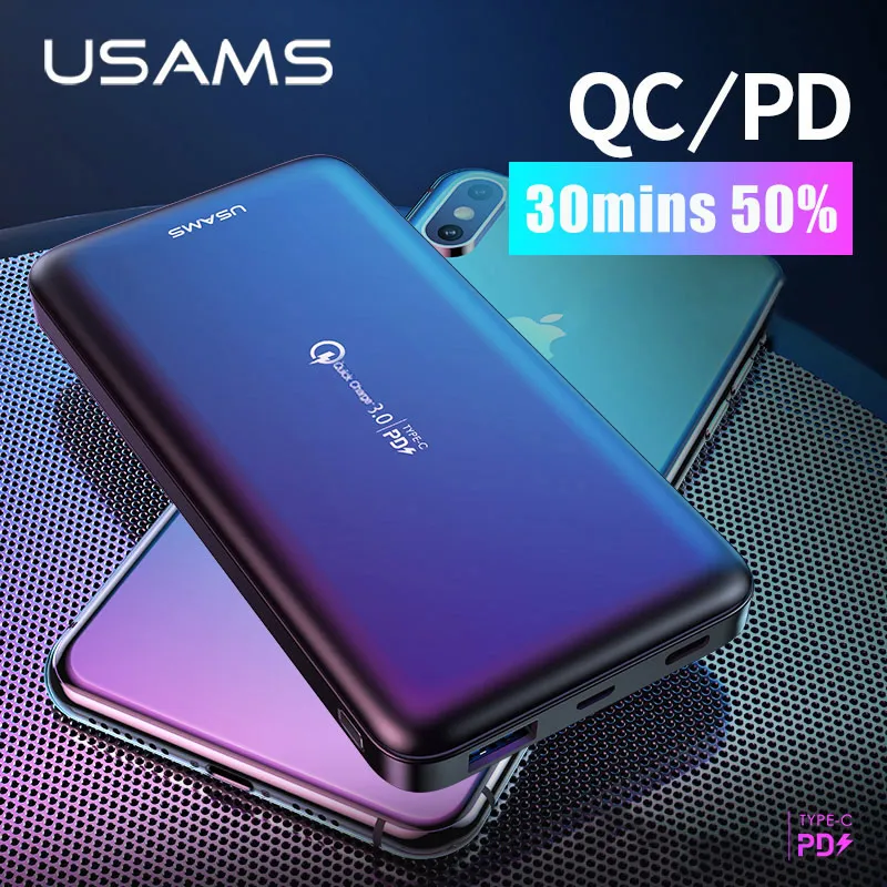 USAMS 18W type C PD QC 3 0 power Bank 10000mah Внешняя батарея USB быстрая Быстрая Зарядка bank для iphone XS