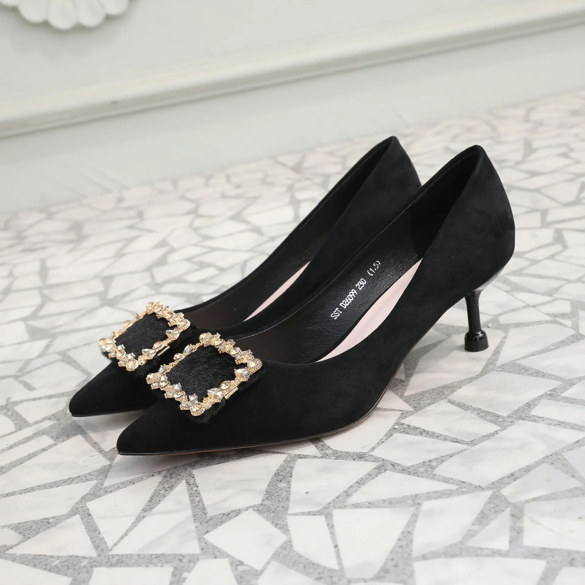 

2019 Spring New Style Pointed-Toe Metal Square Buckle Shoes WOMEN'S Shoes High Heel Shoes Stiletto Suede Work Commuter