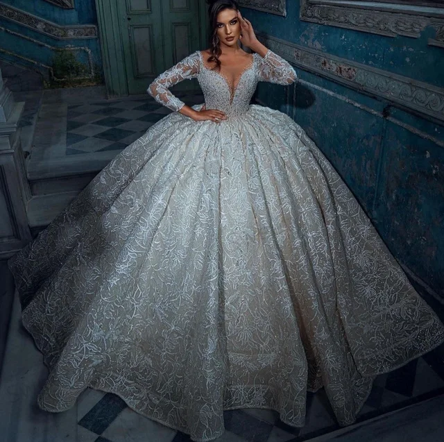 Pearls Bling Bling Wedding Dress Appliques Long Sleeves Bridal Ball Gowns  Custom Mades O Neck Sequins Vestido De Novia - Wedding Dresses - AliExpress