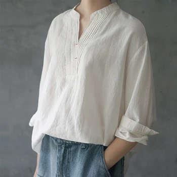 

Women Casual Blouse Shirt Spring Summer Cotton Linen V-neck Loose Tops Blouse