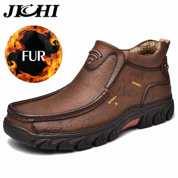 

JICHI Genuine Leather Winter Men's Shoes Fashion Design Luxury Men Boots Warm Plush Waterproof Winter Boots Men Free Shipping