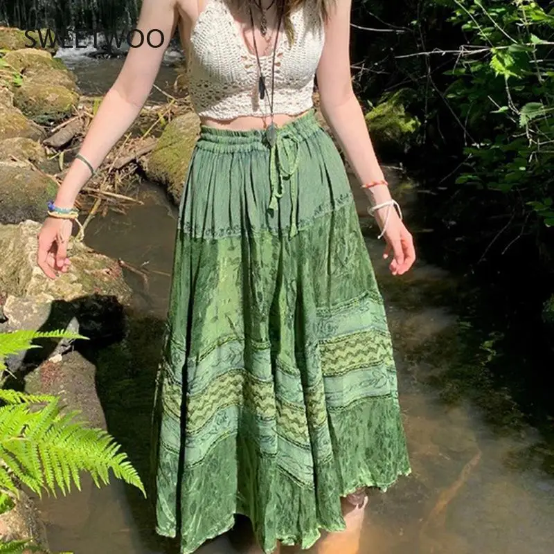 2021 European and American Style Autumn and Winter Green Long Skirt New Style Women's Street Print Stitching Skirt