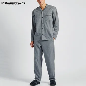 

INCERUN Fashion Men Solid Color Pajamas Sets Lapel Long Sleeve Shirt & Pants Homewear Soft Casual Men Sets Sleepwear Plus Size