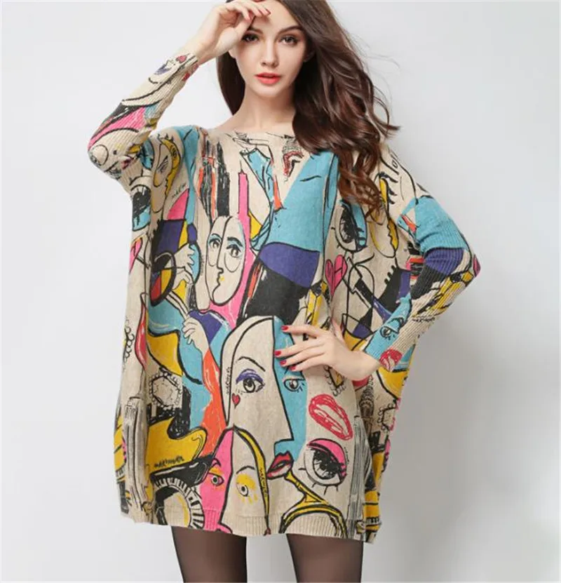 

2019 Autumn Winter Oversize Women Sweaters Doodle character Print Slash Neck Pullovers Knitted Casual Loose Sweater white gray