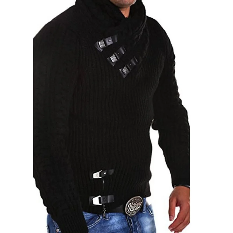 Толстый свитер мужской повседневный стоячий воротник длинный рукав осень зима модные топы стандартная шерсть сплошной цвет мужской свитер - Цвет: Черный