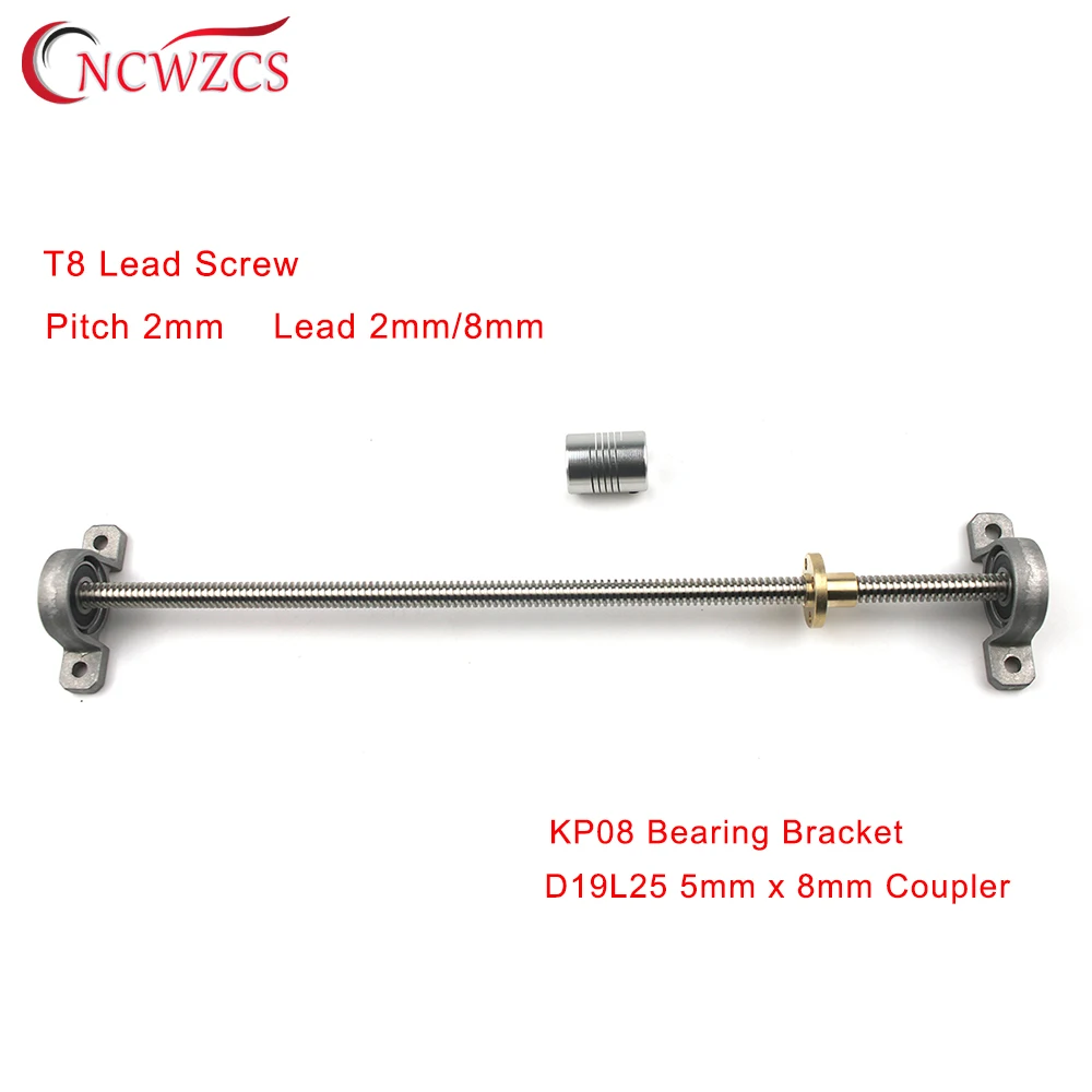 100-1200mm Lead 2/8mm T8 Lead Screw Set w Coupler & Bearing block for 3D Printer 
