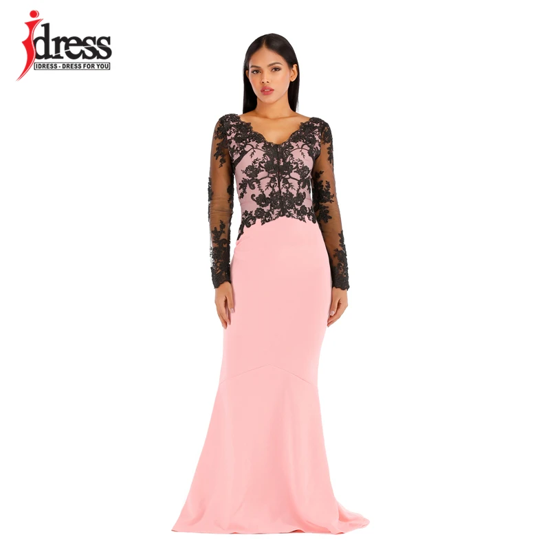 IDress High Quality Elegant V Neck Evening Mermaid Wedding Party Dress Sexy Lace Patchwork Dress Full-Length Maxi Long Dress (2)