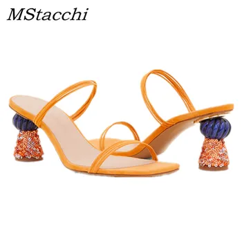 

MStacchi Sexy Sequins Strange Style High Heels Shoes Woman One Strap Square Toe Thin High Heels Sandals Woman Beach Party Shoes
