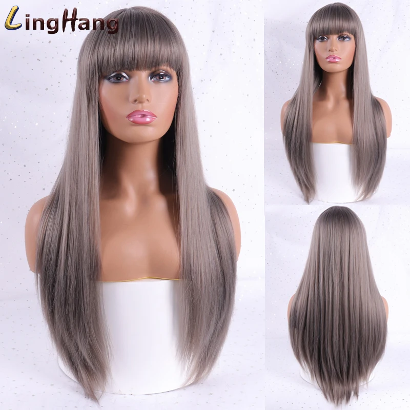 

LINGHANG Black Long Straight Wig With Bangs Synthetic Hair Wigs for Women Blonde Red Heat Resistant Cosplay Wigs