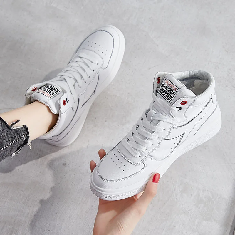 

High Shoes Women's 2019 Autumn Breathable Korean-style Net Red Leather Shoes Versitile Fashion Western Style-Style White Shoes I