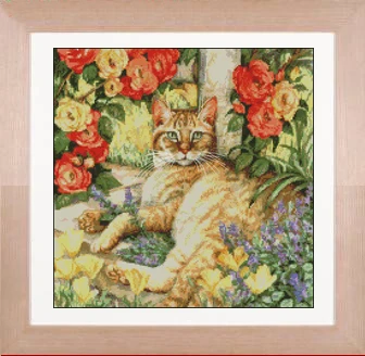 cross stitch kit Miss Tabby garden cat, flower cat kitten kitty