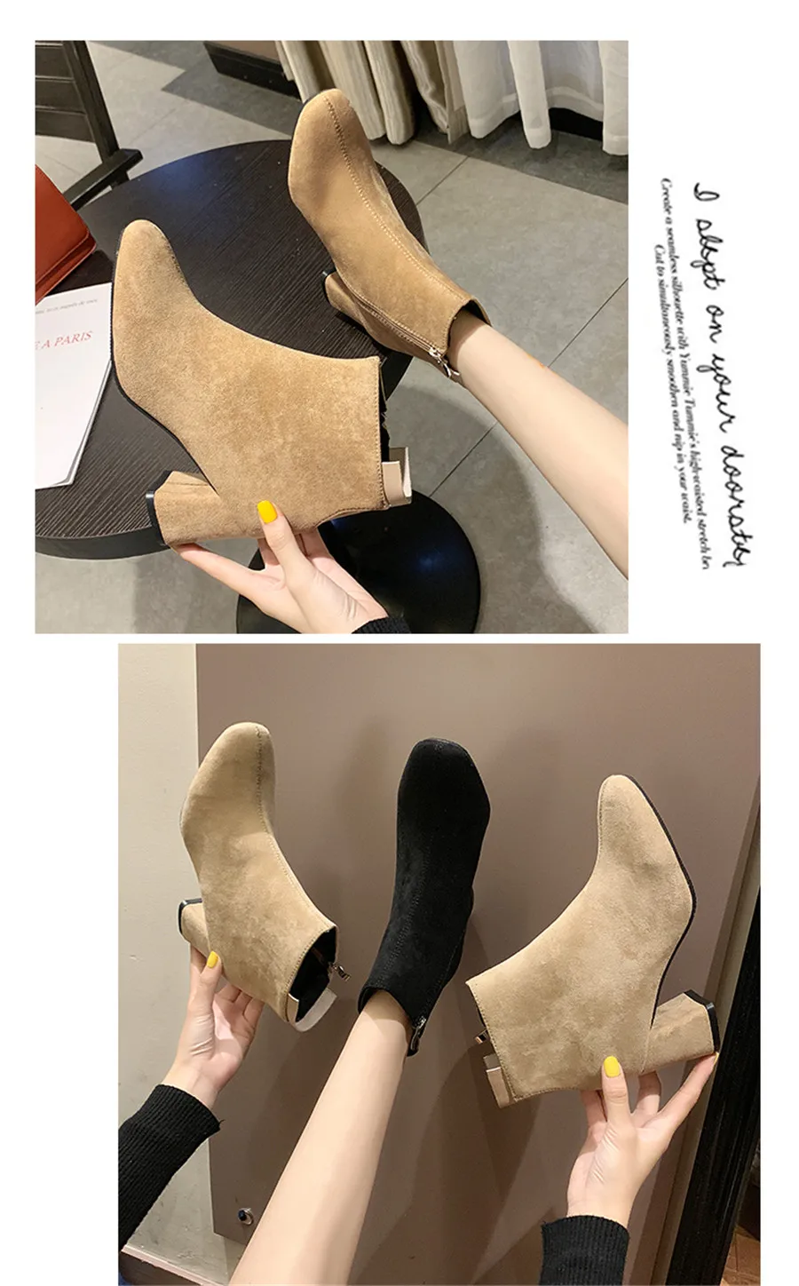 STQ; коллекция года; модные черные зимние ботинки для женщин; зимние ботинки из флока на толстом каблуке; женские ботинки на меху с молнией на высоком каблуке; 1085