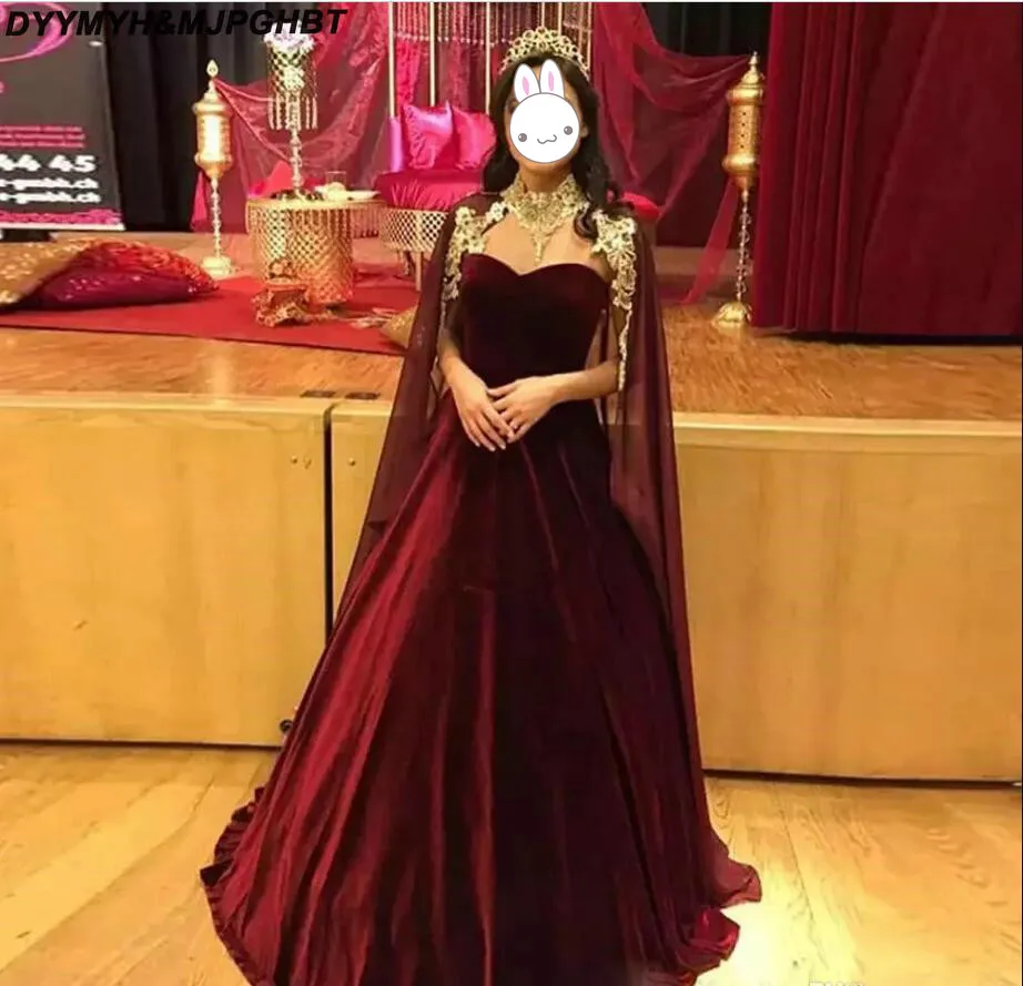 

Newest Burgundy Ball Gown Evening Dresses with Cape Sweetheart Velvet Skirt Dubai Prom Gown Long Pageant Dress robe de soiree