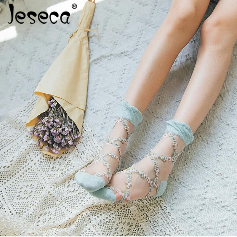 Jeseca, новинка, распродажа, женские носки, милые, цветочные, прозрачные, жаккардовые, Ромб, кристалл, шелк, сетка, носки, каваи белье