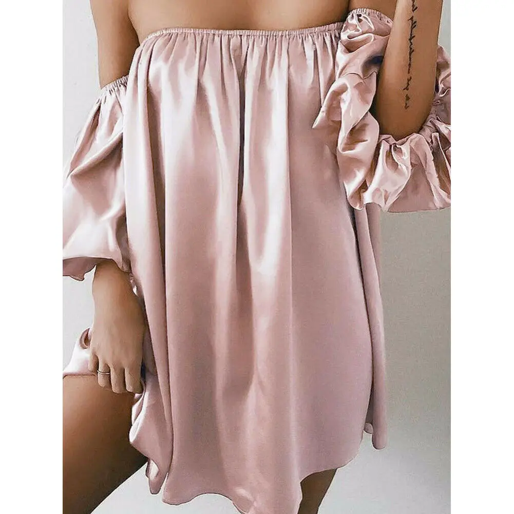 Pink Женская летняя одежда для сна, однотонное сексуальное свободное платье с вырезом лодочкой и открытыми плечами, платье с рукавами фонариками выше колена, платье для сна - Цвет: Pink
