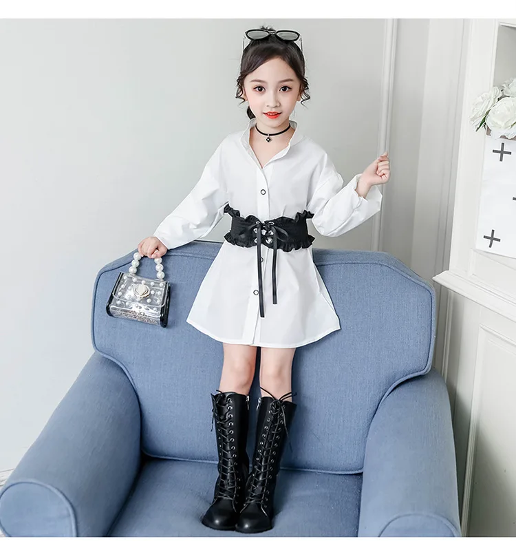 

Children's wear girls autumn long shirt skirt 2019 new autumn foreign belt belt shirt jacket girl tops