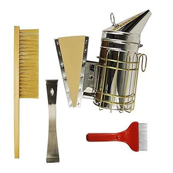 

Set Of 4 Beekeeping Tools Kit, Stainless Steel Hive Tool, Bee Brush, Smoker, Comb Wax Extracting Fork