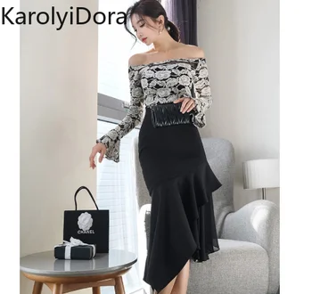 

Women's suit 2020 spring new Women's 2 Pieces Suits Solid Color Off Shoulder Slash Neck Top + Print Sheath Skirt Office Set