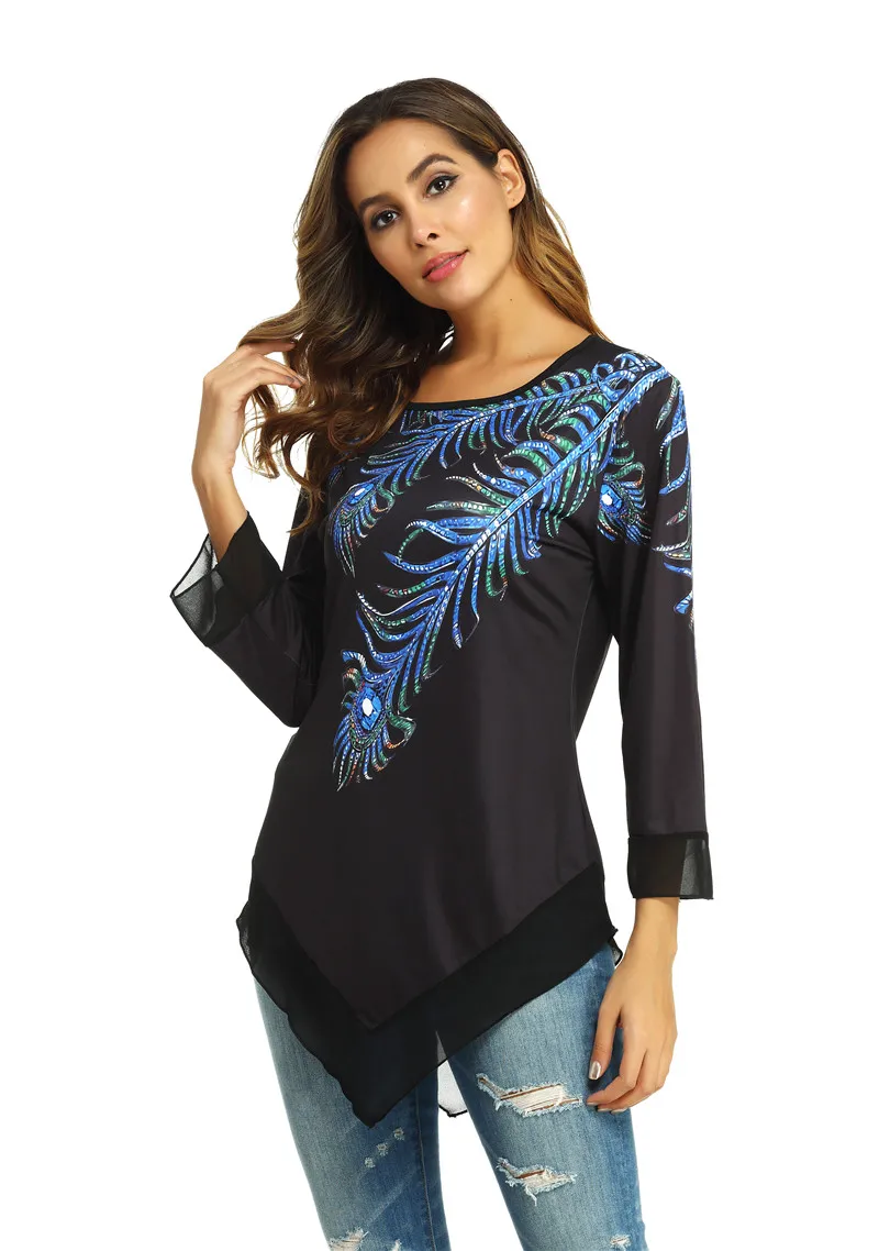 Женские футболки с принтом павлиньих перьев, модная черная футболка, большой размер, повседневный Топ, пуловер, 5XL, женские рубашки с длинным рукавом