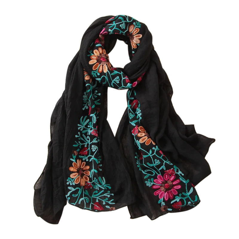 Элегантный шарф с вышивкой Женский винтажный цветочный летний пашмины хлопковый