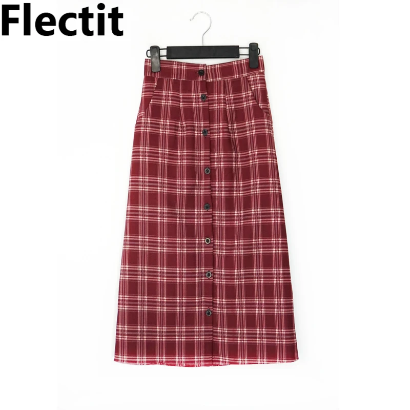 Женская клетчатая юбка Flectit трапеция миди размера плюс с пуговицами спереди и