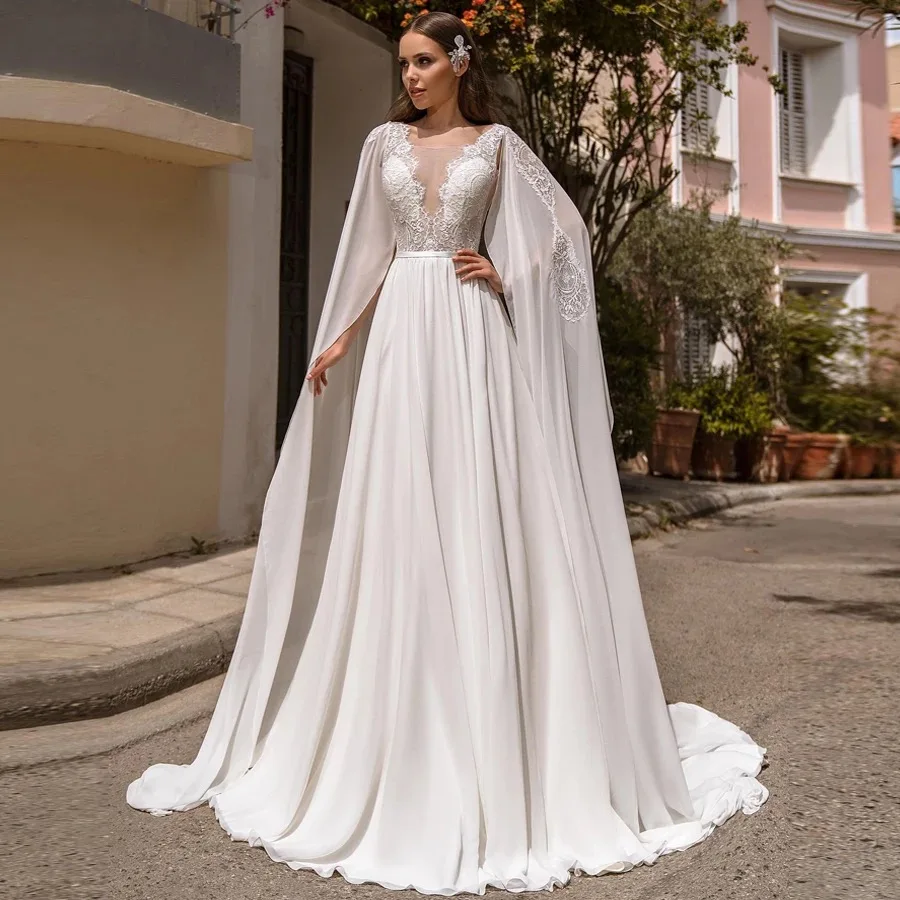 

A-Line Chiffon Wedding Dresses With Cape Sheer Neckline Lace Appliques Pleat Sweep Train Backless Bridal Gown Vestidos De Noiva