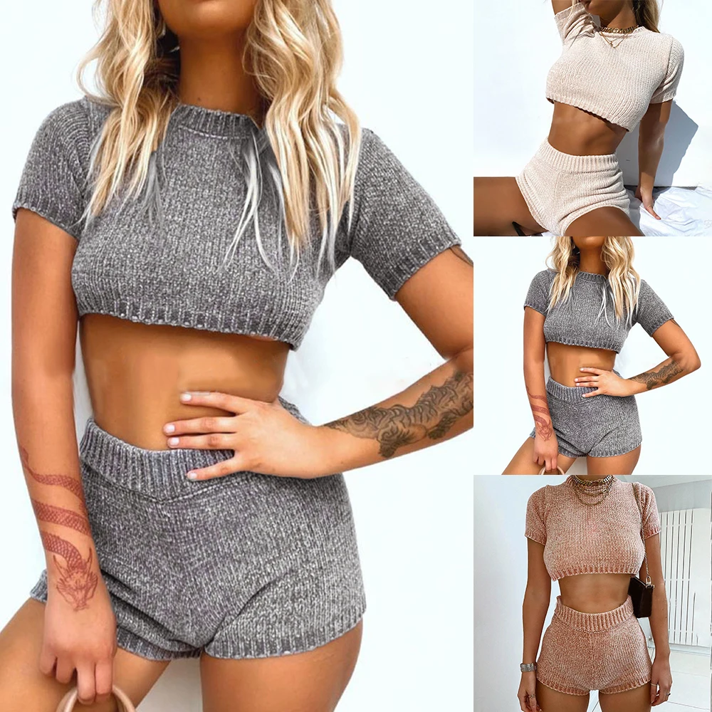 2020 Autumn Sexy Sweater Two Piece Sets Women Spring Knitted Strap Crop Tops+ Bodycon Shorts 2 Piece Outfit Set Club Party Suit