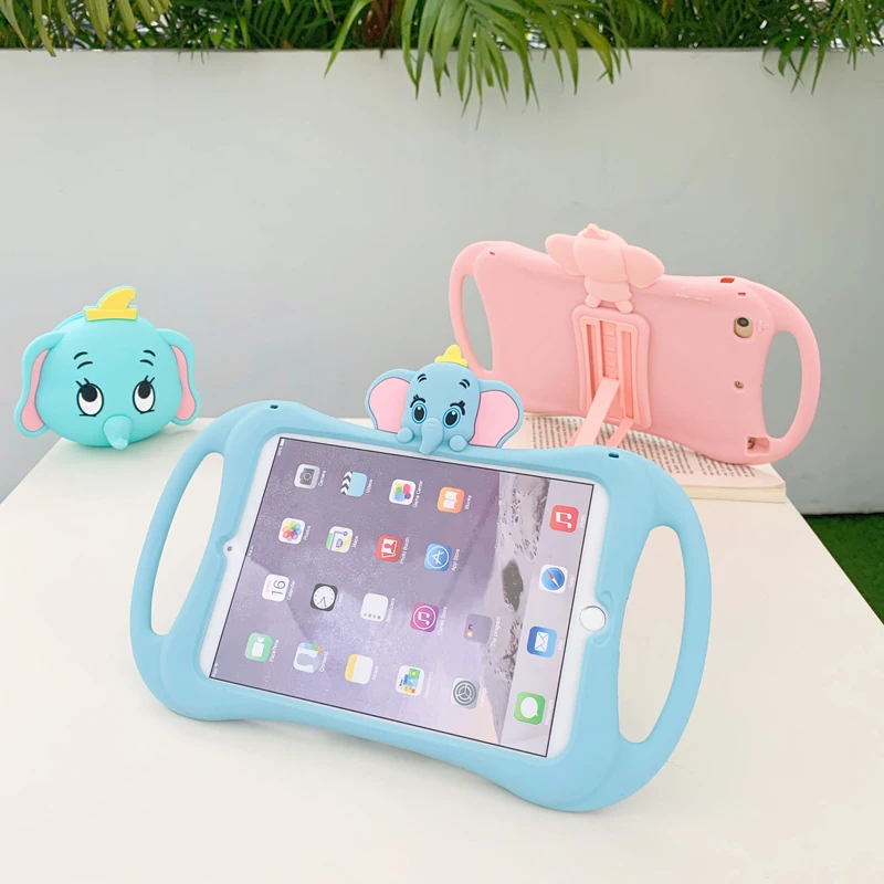 

3D Cute Dumbo Silicone Case Cover For iPad 2017 2018 9.7" 2019 10.2" Air 123 Mini 123 45 Shockproof Handle Bracket Tablet Case