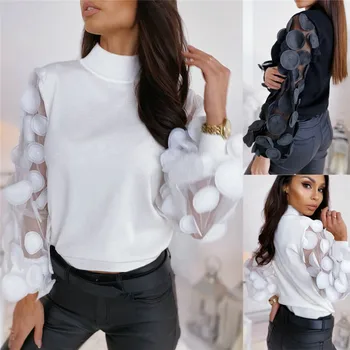 

Women Blouses Elegant Contrast Mesh Patchwork Sleeve 2020 Lantern Sleeve Blouses OL Ladies Solid Dot Print Sleeve Shirt Blouses
