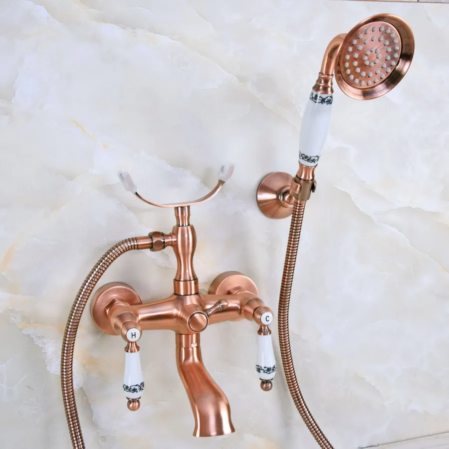 

Antique Red Copper Wall Mounted Bathroom Bath Tub Faucet Set WITH/ 150CM Handheld Shower Spray Head Mixer Tap Dna376