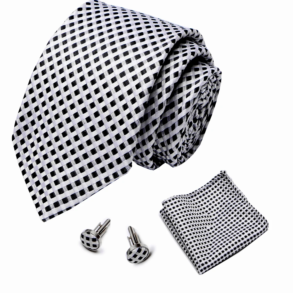

2020 New Classic Plaid Tie Men's 7.5cm 100% Silk White Black Necktie Set Wedding Tie Hanky Cufflinks Set