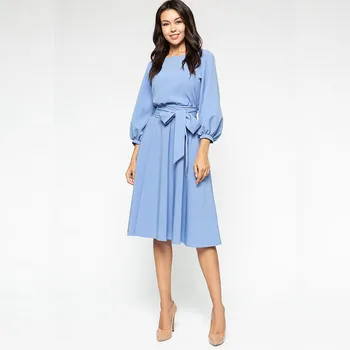 

Women Party Dress Vintage Bow Sashes Dress Ladies Lantern Sleeve O Neck Elegant Dress Summer 2020 New Fashion Knee Length Dress