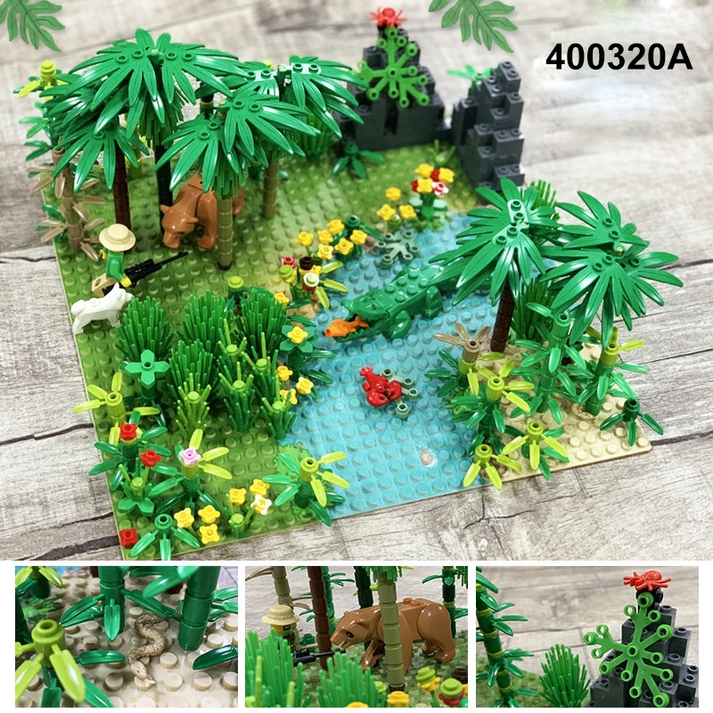 Rainforest Baseplate Parts Animal Green Grass Jungle Bush Flower Tree Plants Building Blocks DIY MOC Assemble Children Toy Gifts