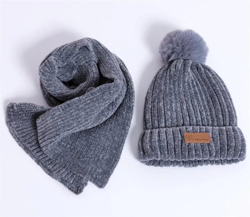 Gray 2 Pcs Set Детская зимняя теплая шапка и шарф-перчатка, детский вязаный плюшевый комплект из 3 предметов, шарфы с капюшоном и помпонами для мальчиков и девочек, однотонный костюм для От 0 до 3 лет - Color: Gray 2 Pcs Set