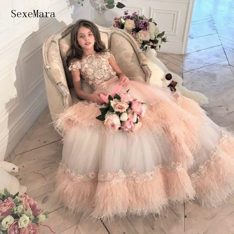 same as picture Роскошные пышные платья с перьями и кружевами для маленьких девочек многоуровневый наряд с аппликацией, украшенный бусинами на шее платье с цветочным узором для девочек Одежда для дня рождения - Цвет: same as picture