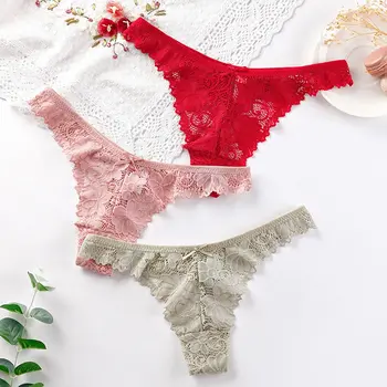 

CWFMZQ 3Pcs/Lot Sexy Lace Thong Low-rise Transparent Panties Women Hollow Breathable G String Briefs Underwear Lingerie Mujer