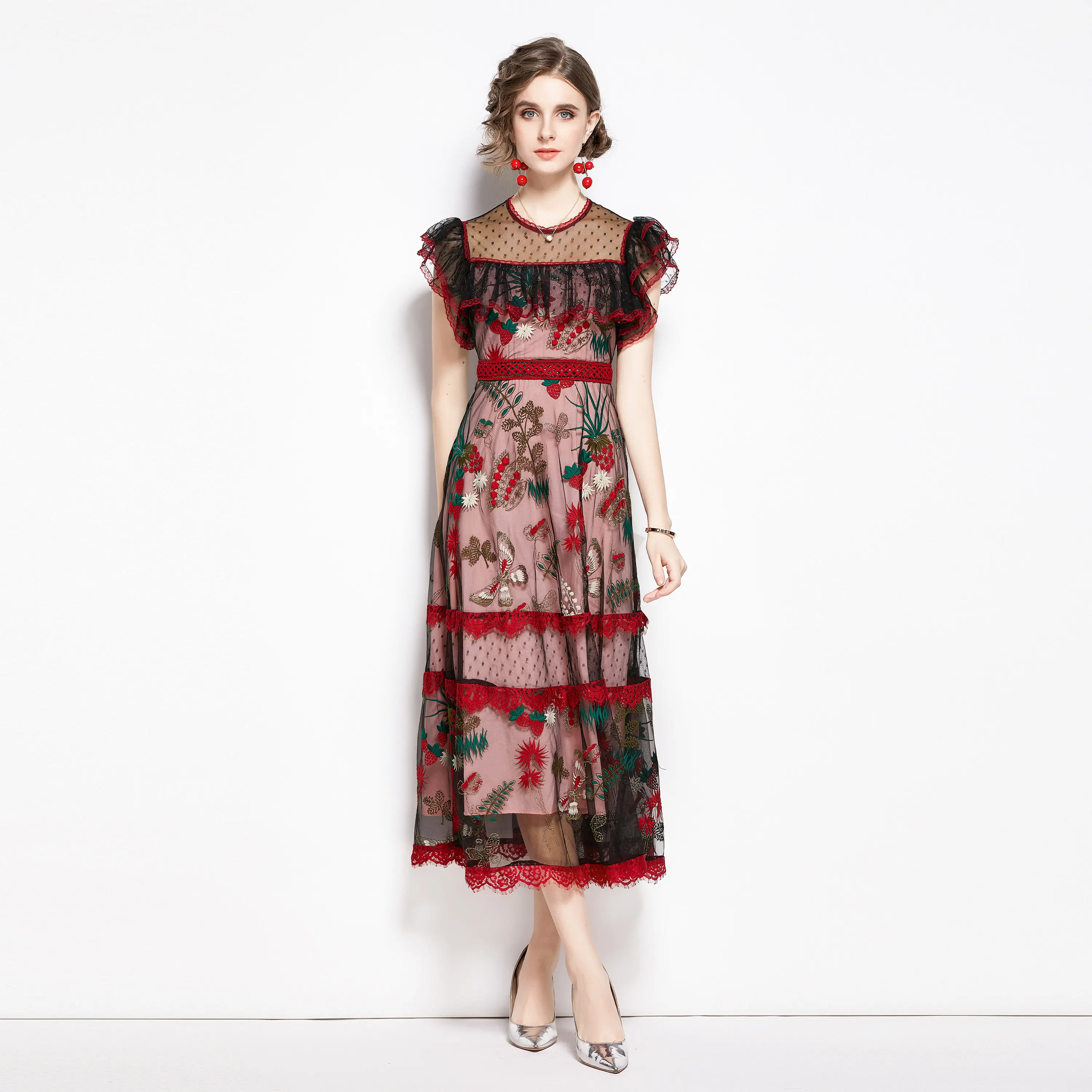 

Women Summer Dresses Office Lady A-LINE Printing Mid-Calf Women Dresses O-Neck Party Night Elegant Flowor 2021 New Women Dresses