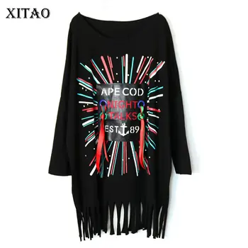 

XITAO Personality Printing T Shirt Long Sleeve Collage Tassel Long Sleeve Tshirt Women Plus Size Tee Black Trend Tops DMY2553