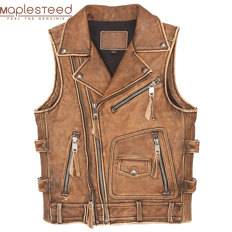 Vintage Bruin Dikke Motorfiets Vest 100% Echt Koeienhuid Mannen Biker Lederen Vest Moto Lederen Vest Mouwloze Jas M462