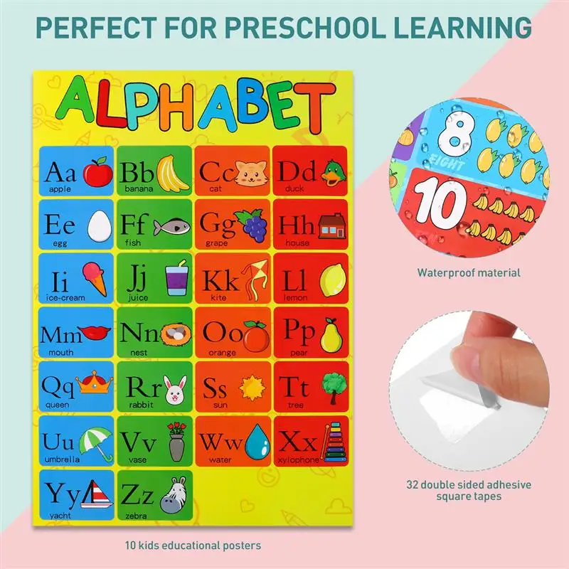 10pcs Educational Preschool Posters Charts Farm Animals Seasons Weathers Alphabet Months Days for Toddlers Kids Home Decoration