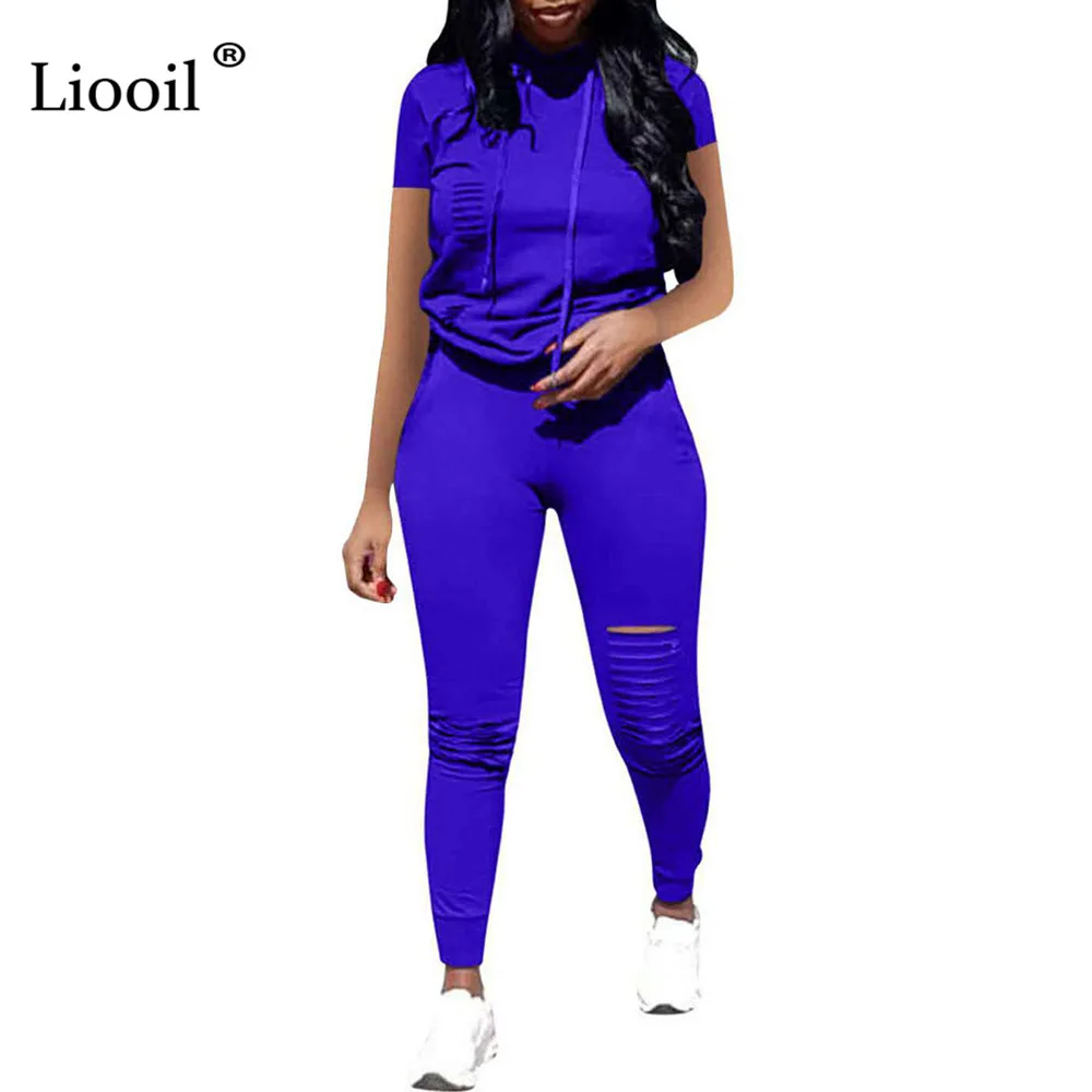 Liooil спортивный костюм с порезами, Женский комплект из двух предметов,, толстовка с капюшоном с короткими рукавами и длинные прямые брюки, комплекты для бега