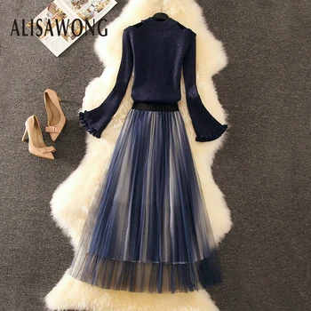 

Women Elegant Two Piece Set New 2019 Spring Autumn Slim Pullover Sweater + A-line Mesh Skirts Outfit Ladies Fashion Suit Clothes