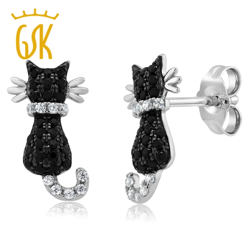 GemStoneKing очаровательные 925 пробы серебряные серьги 0.54ctw милый черный Кот кубический цирконий Винтажные серьги-гвоздики для девочек
