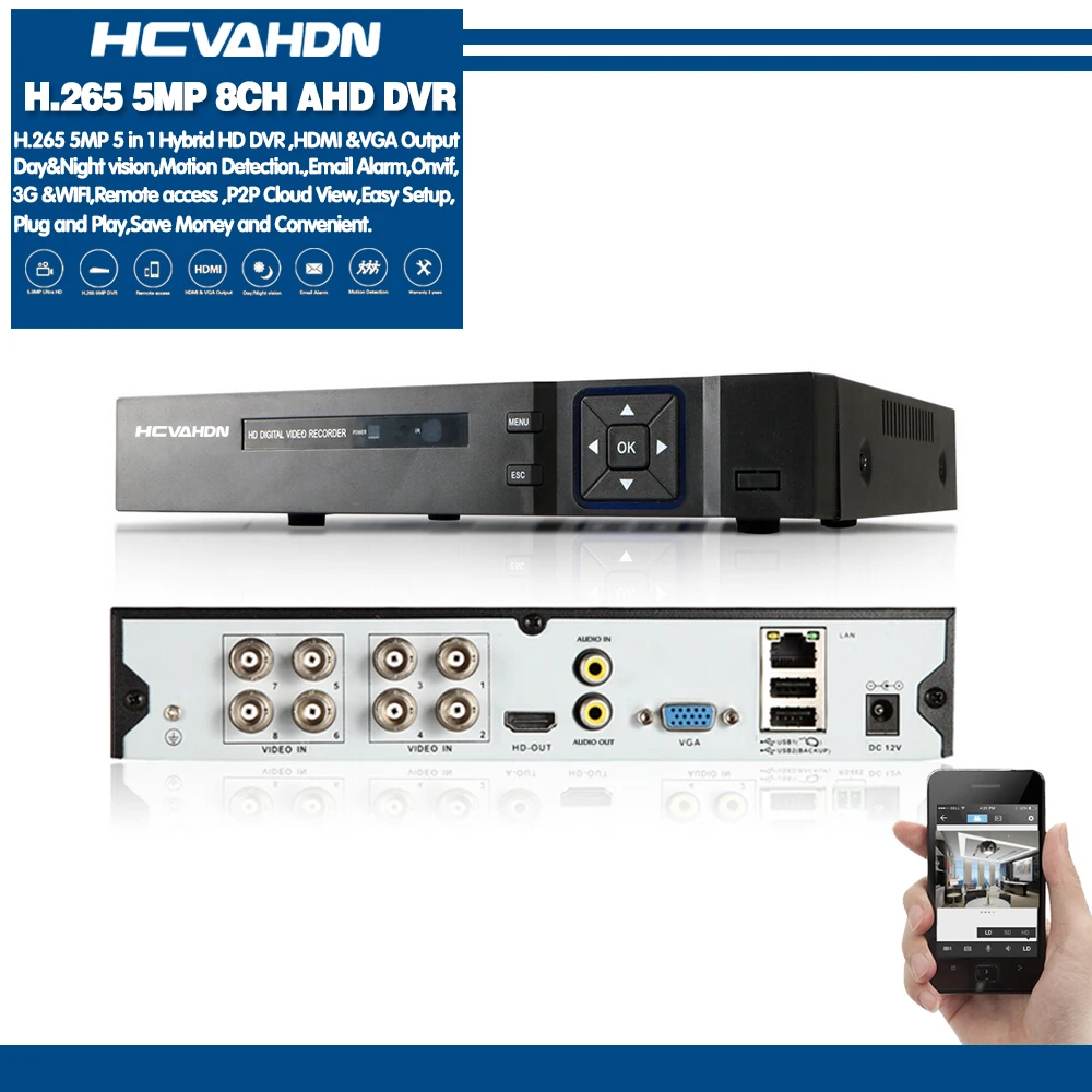 HCVAHDN 8CH AHD DVR 5MP Hybrid 8*5 Мп 5 в 1 TVI CVI CVBS IP CCTV H.264 + кодирование Onvif для