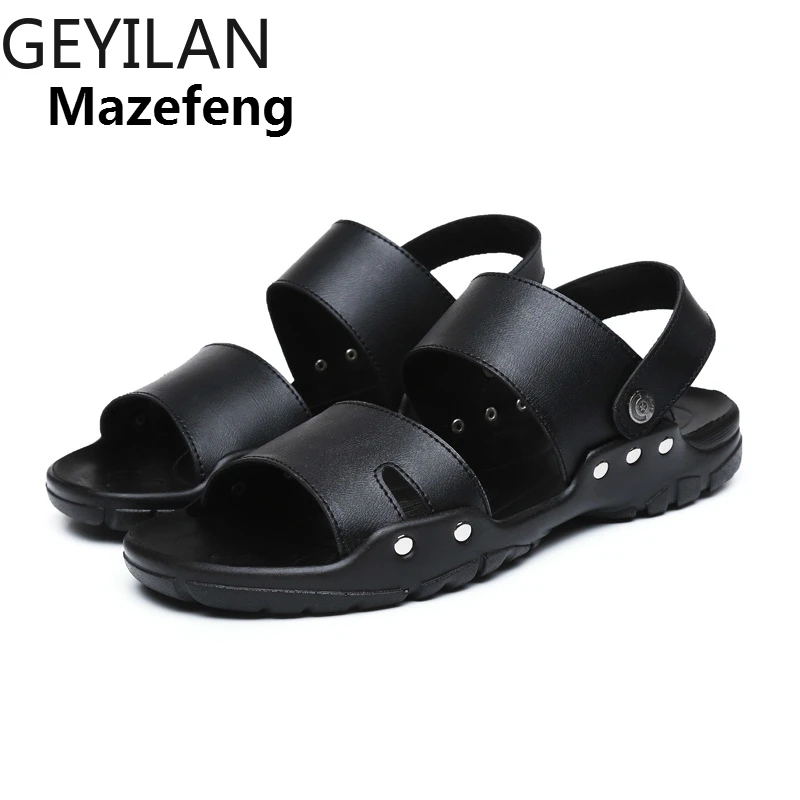 

Mazefeng 2019 Summer Shoes High quality Men Sandals Slip-on Leather Beach Mens Slippers Platform Black Male Sandals Rubber Shoes