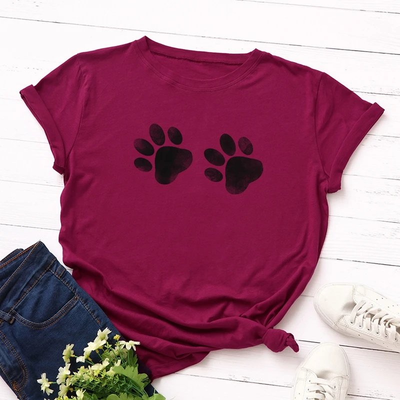 Women Cotton Plus Size T-shirt Graphic Tee Summer Tops Short Sleeve Top Tees Funny Cute Dog Paw Print T Shirts Female Shirt - Цвет: Бургундия