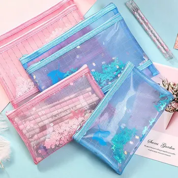 

1Pc A5/B6 Colorful Quicksand File Holder Student Transparent Zipper File Storage Bag Double Layer Stationery School Document Bag